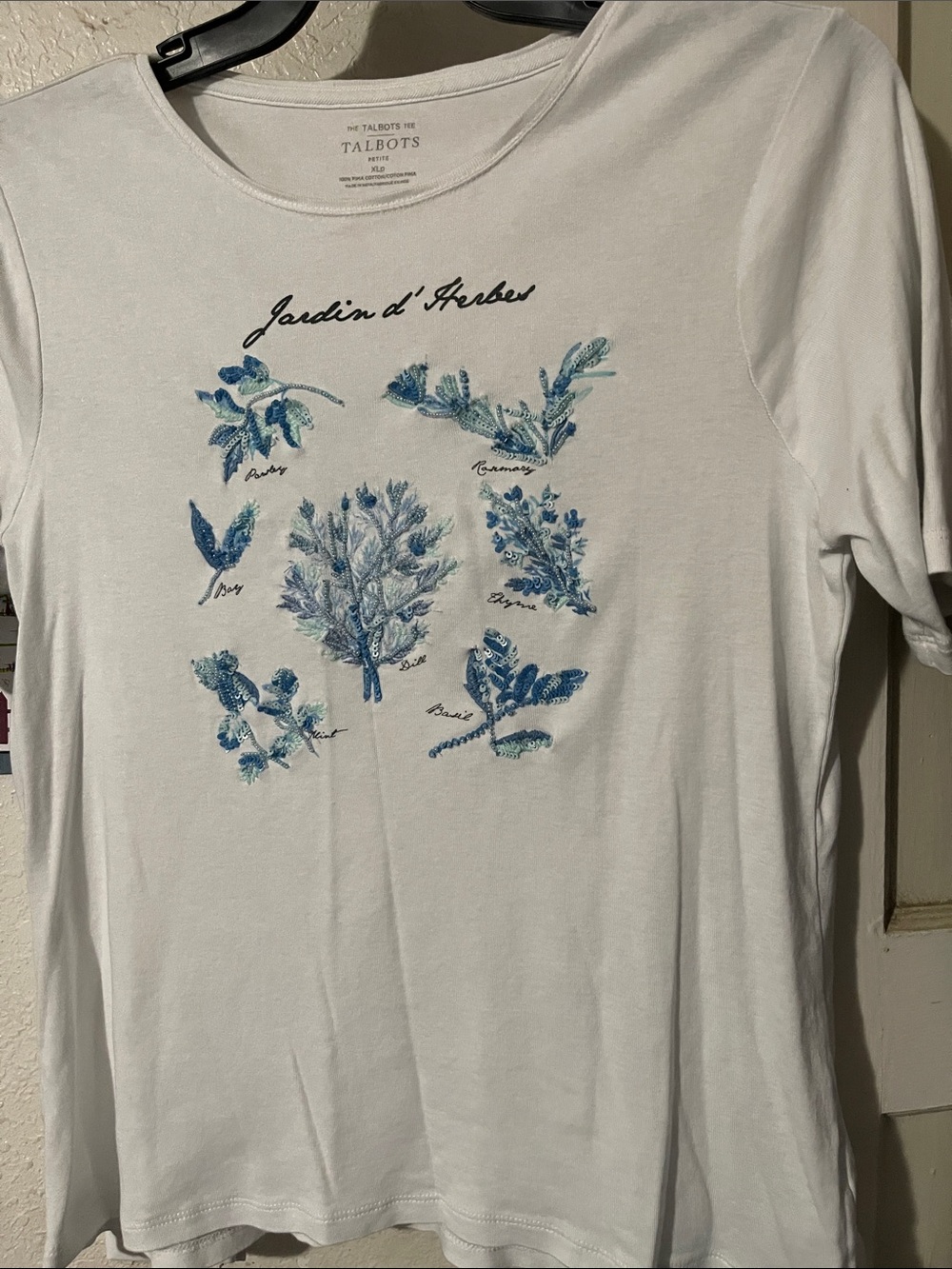 Talbots White Botanical Herb Print Tee with Blue Accents